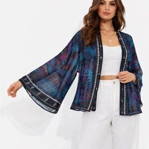 Vintage Chicos Kimono SILK Embroidery Blouse Peacock Boho Unique Sleeve SM EUC